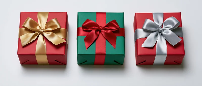 Three wrapped gift boxes in red, green and red with gold, red and silver ribbons arranged in a row on white surface