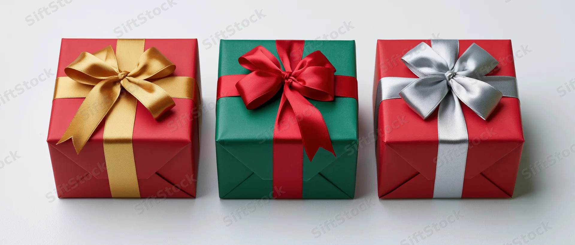 Three wrapped gift boxes in red, green and red with gold, red and silver ribbons arranged in a row on a white surface