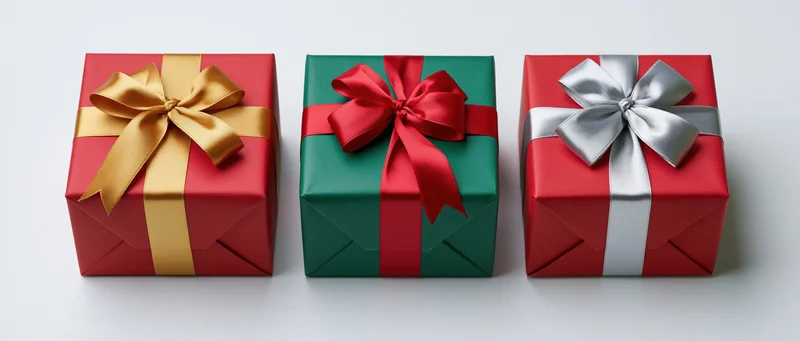 Three wrapped gift boxes in red, green and red with gold, red and silver ribbons arranged in a row on a white surface