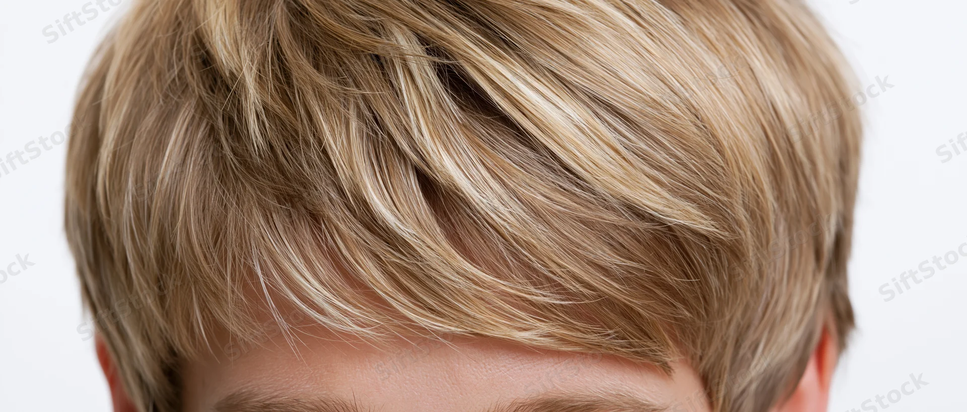 Closeup of short layered blonde hair on a woman's head