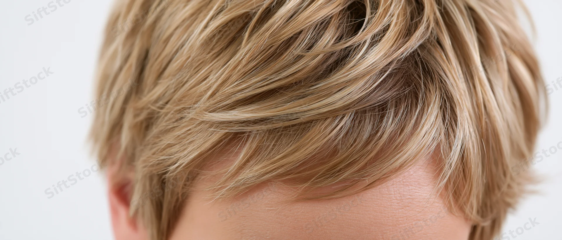Closeup of short layered blonde hair on a woman's head against white background