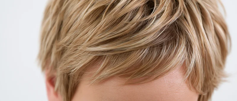 Closeup of short layered blonde hair on a woman's head against white background