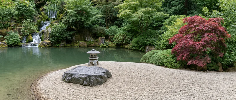 Traditional japanese garden featuring a stone lantern on a raked gravel island beside a pond with a waterfall and surrounding greenery