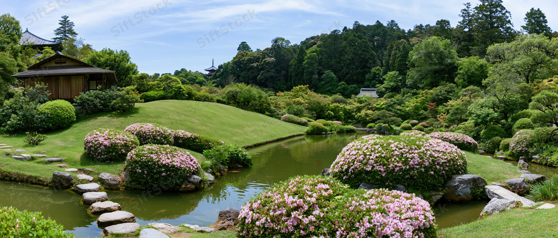 Traditional japanese garden with koi pond and blooming azaleas surrounded by greenery and stone paths