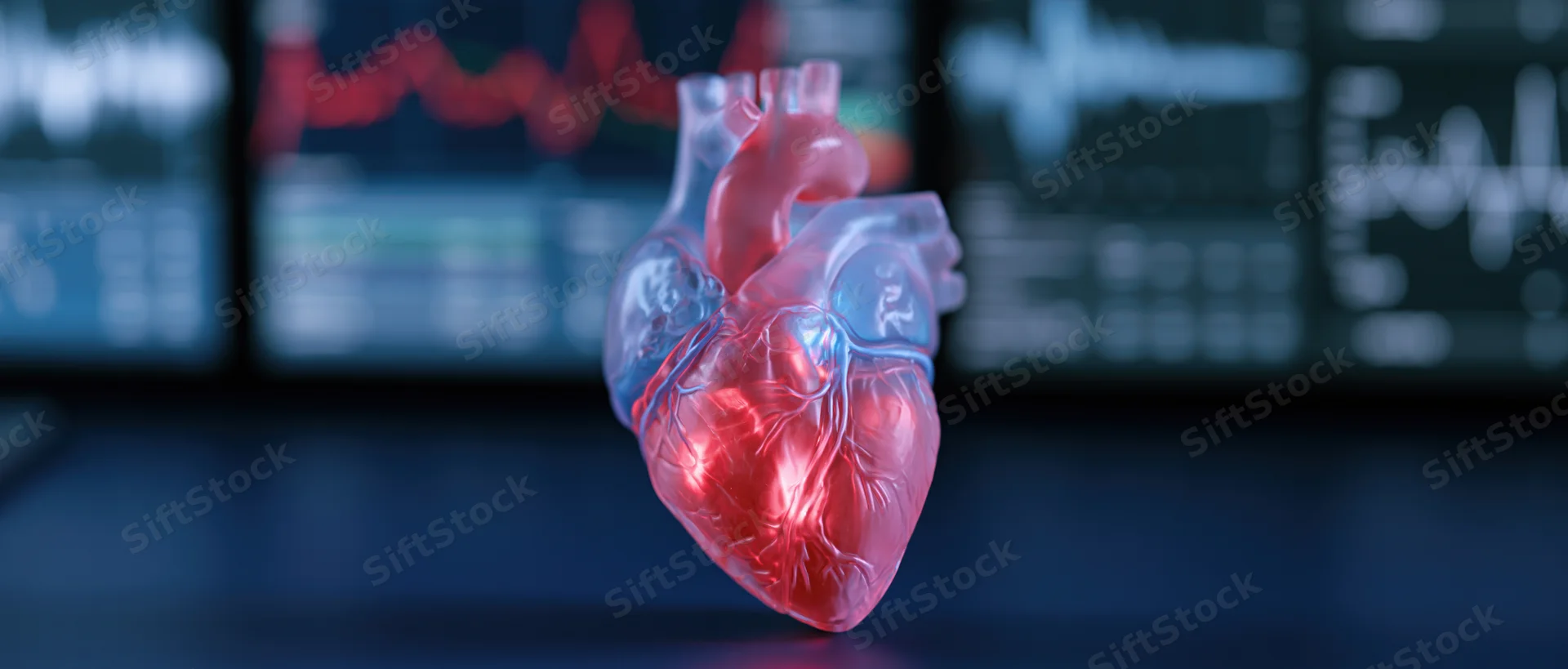 Translucent anatomical human heart model glowing with internal light in front of medical monitors displaying heart rhythms