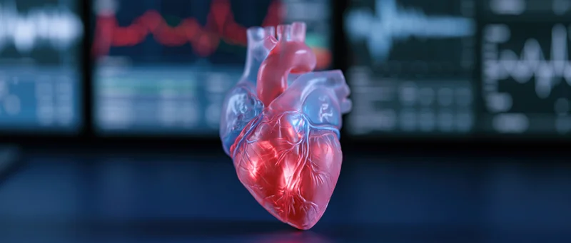 Translucent anatomical human heart model glowing with internal light in front of medical monitors displaying heart rhythms