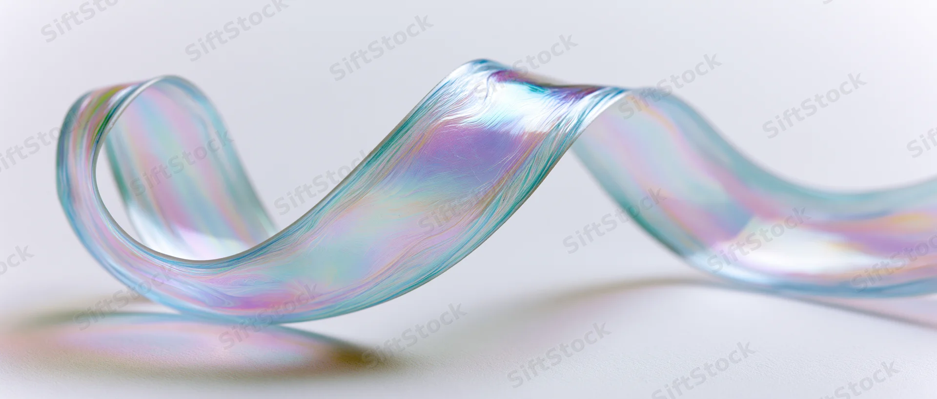 Iridescent translucent ribbon twisting in a smooth wave on a white surface