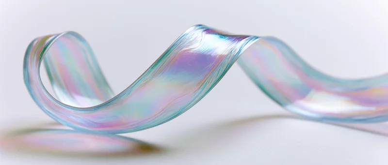 Iridescent translucent ribbon twisting in a smooth wave on a white surface