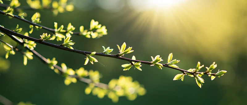 Tree branch with fresh spring leaves budding in morning sunlight outdoors