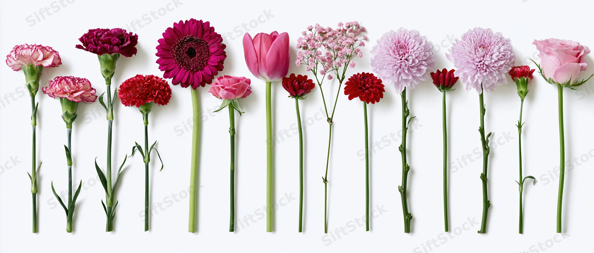 Twelve cut flowers arranged in a horizontal row on white background