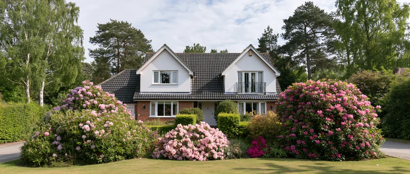 Two-story suburban house with white render and brick accents surrounded by blooming pink rhododendrons and green lawn