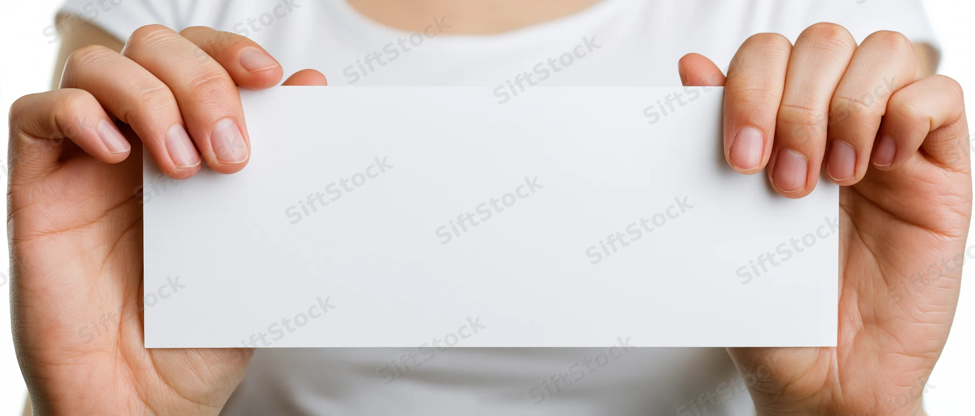Hands holding a blank white card in front of the body
