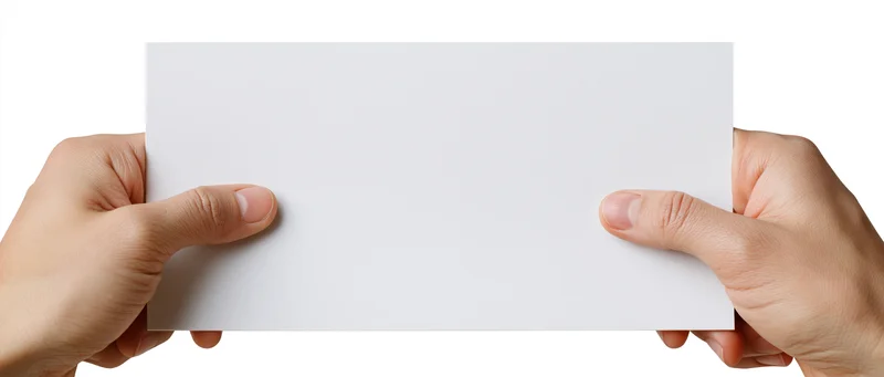 Two hands holding a blank white card against a white background