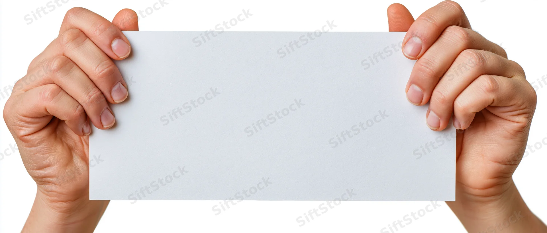 Adult hands holding a blank white paper sheet horizontally against white background