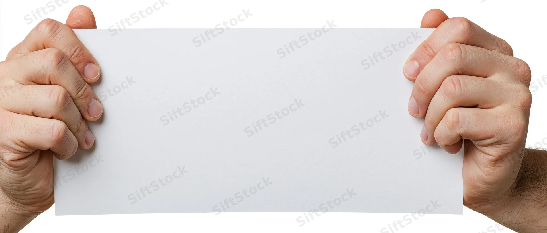 Two adult male hands gripping the edges of a blank white paper sheet against a white background