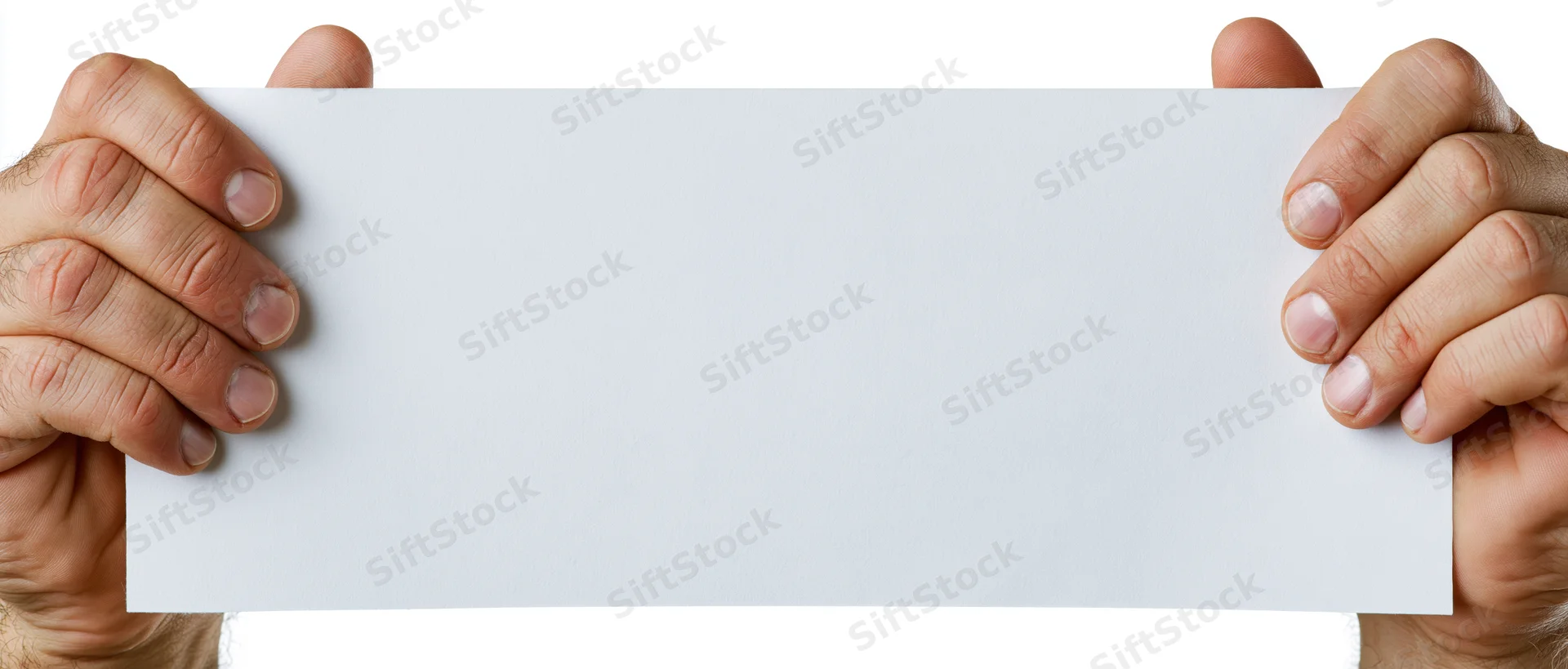 Adult male hands gripping edges of a blank white paper sign against white background