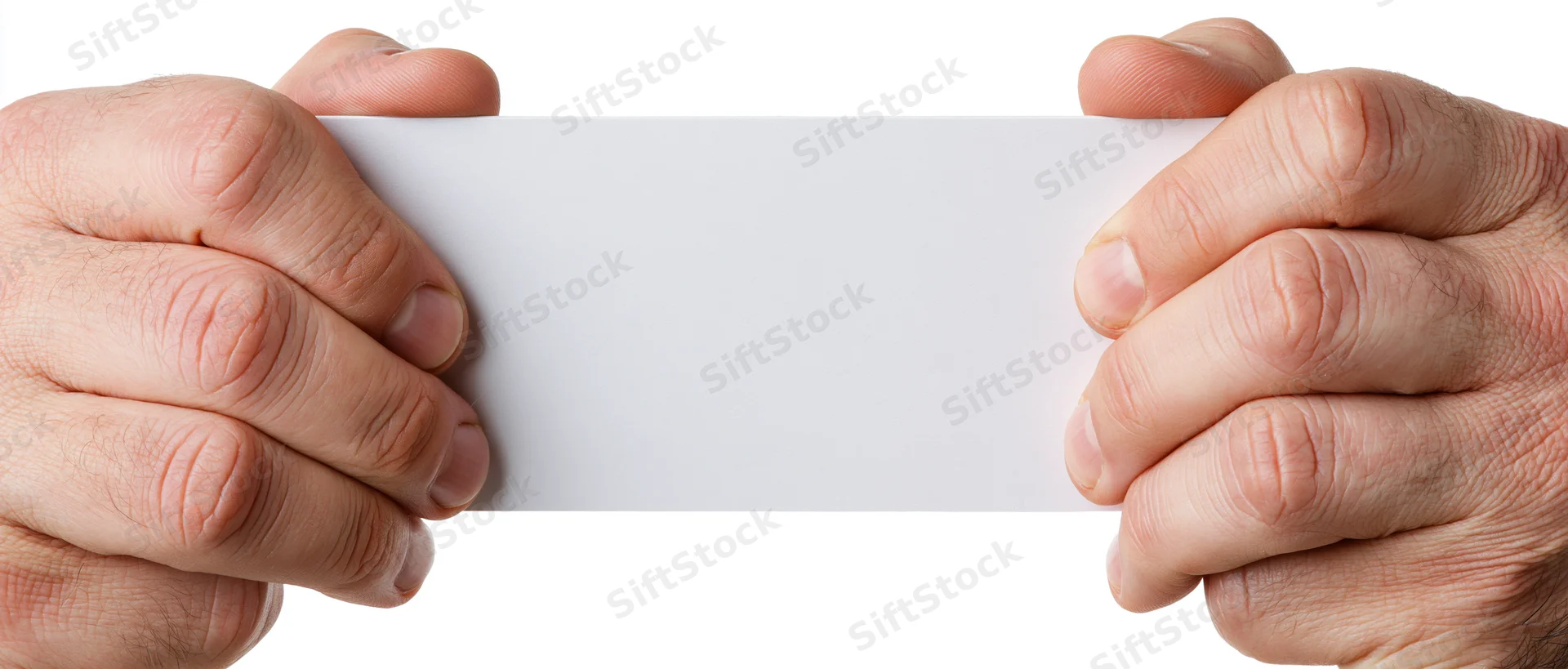 Two adult male hands gripping the edges of a blank white paper sheet against a white background