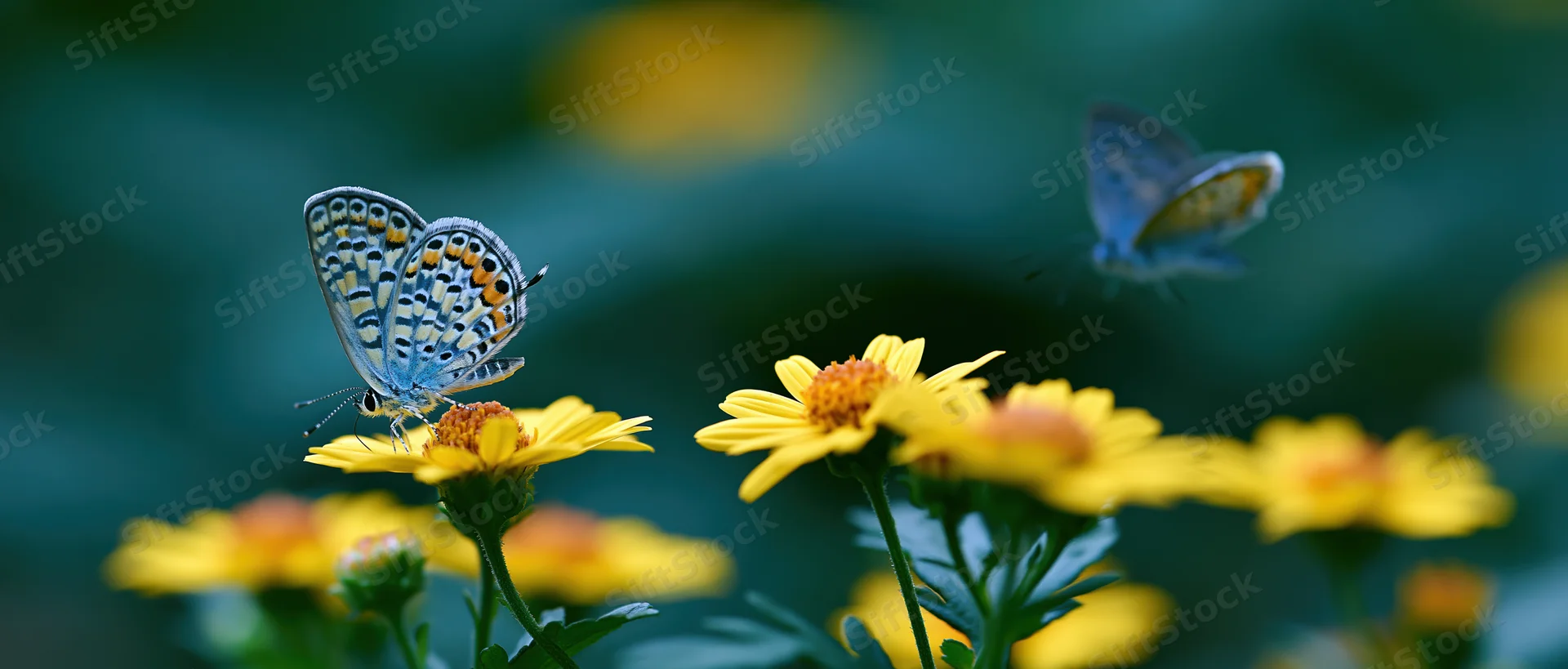 Blue-spotted butterfly perched on yellow daisy-like flower in a garden setting
