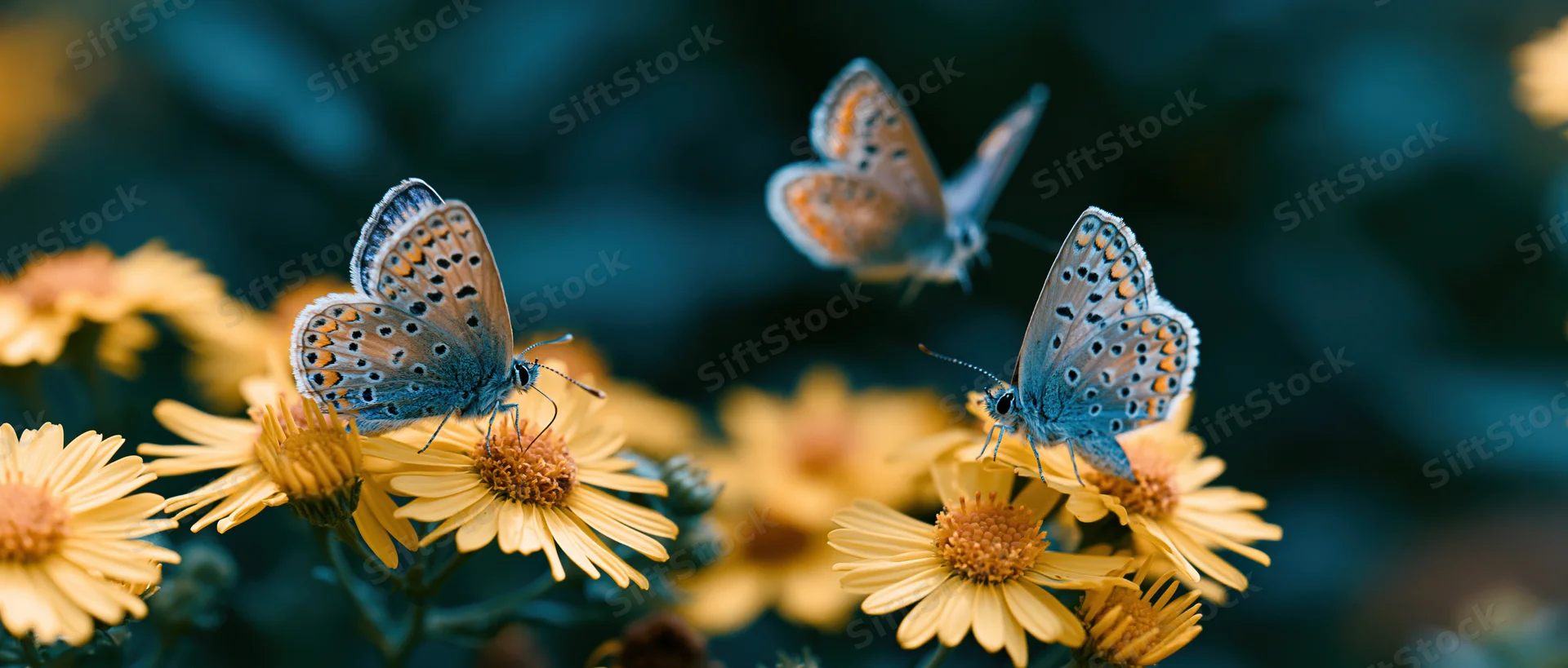 Blue-spotted butterflies resting on yellow daisy-like flowers in a garden setting