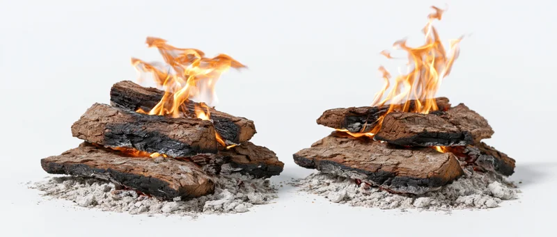 Two campfires burning with flames and ash on a white studio background
