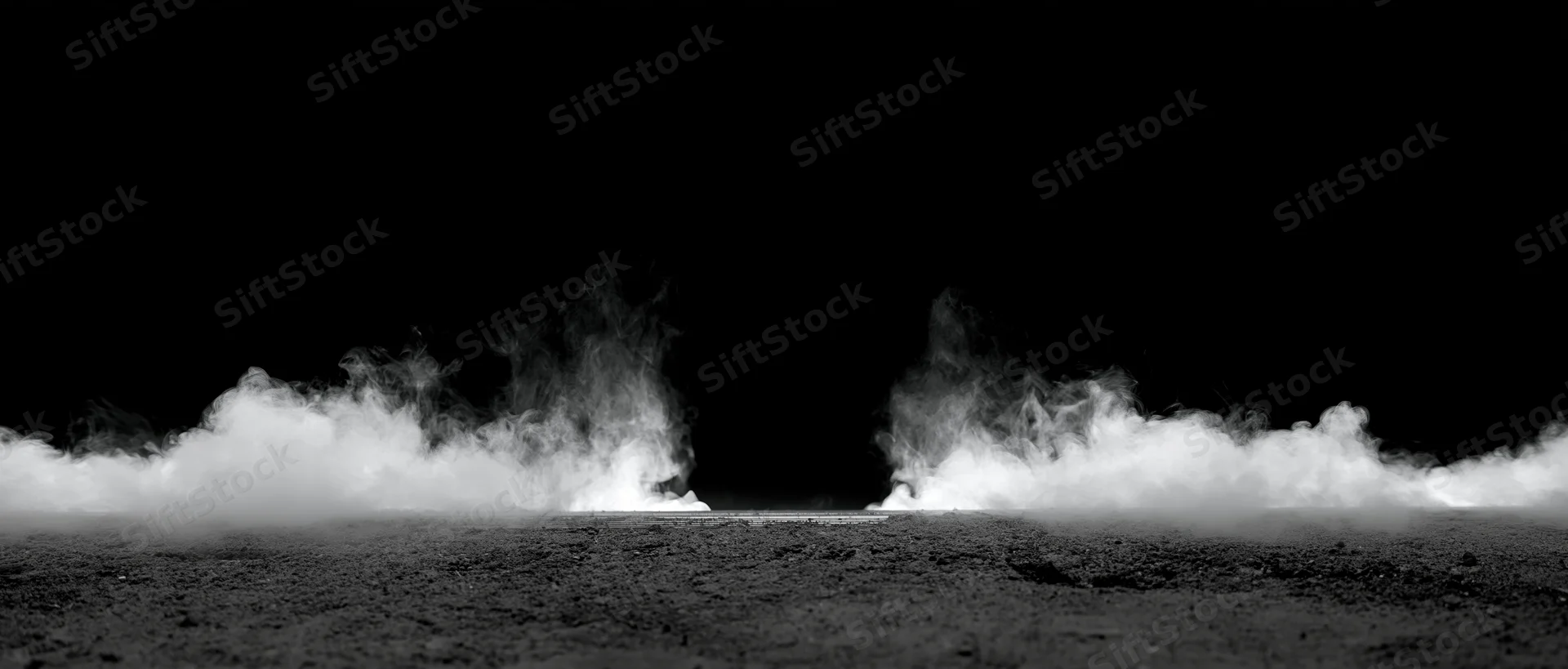 White smoke rising in two columns from a rough ground surface against a black background