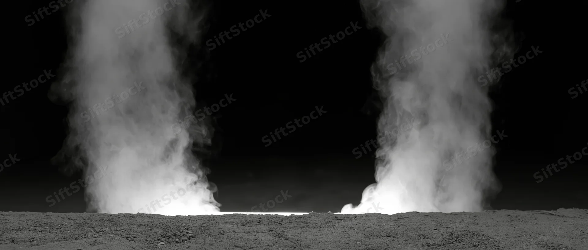 Two columns of white smoke rising from a rough ground surface at night