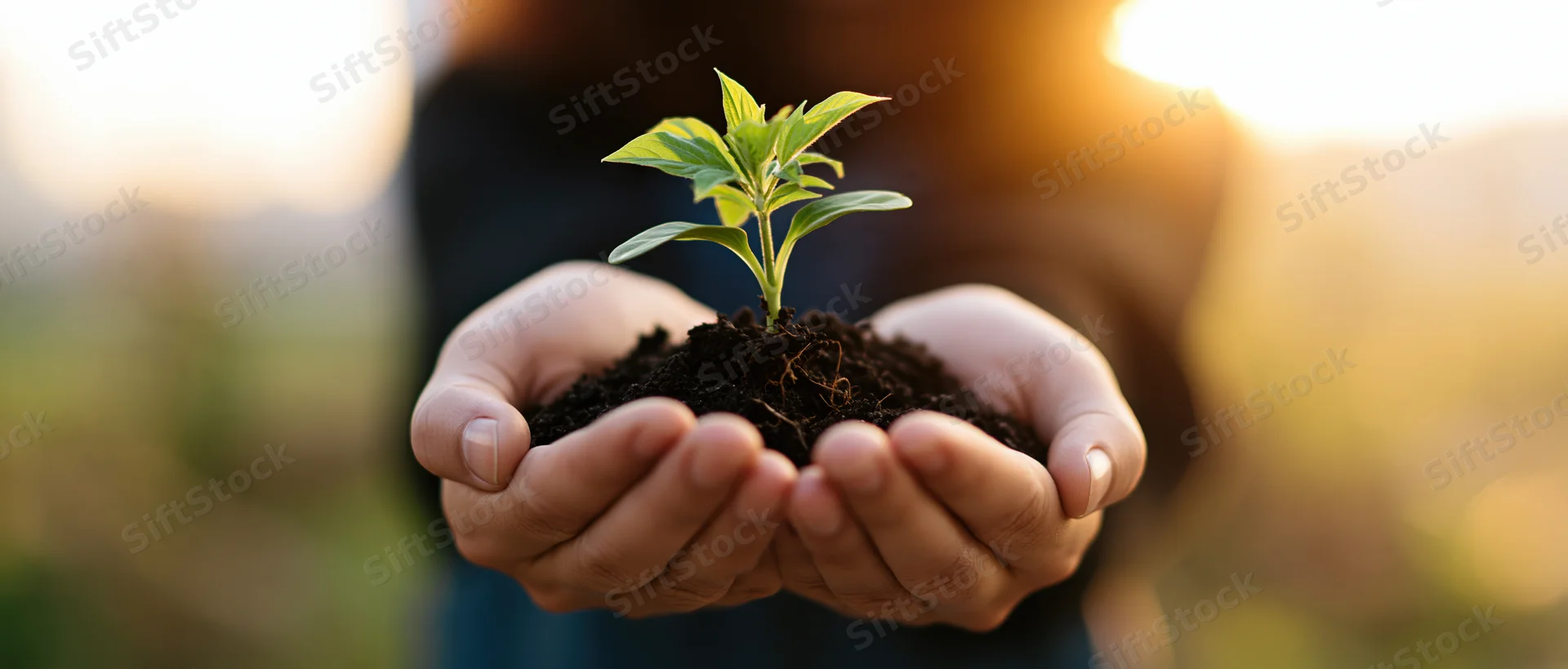 Hands cupping a small green seedling with soil outdoors at sunset