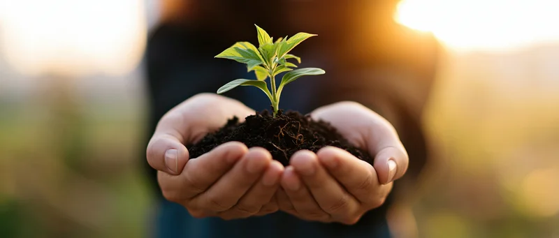 Hands cupping a small green seedling with soil outdoors at sunset