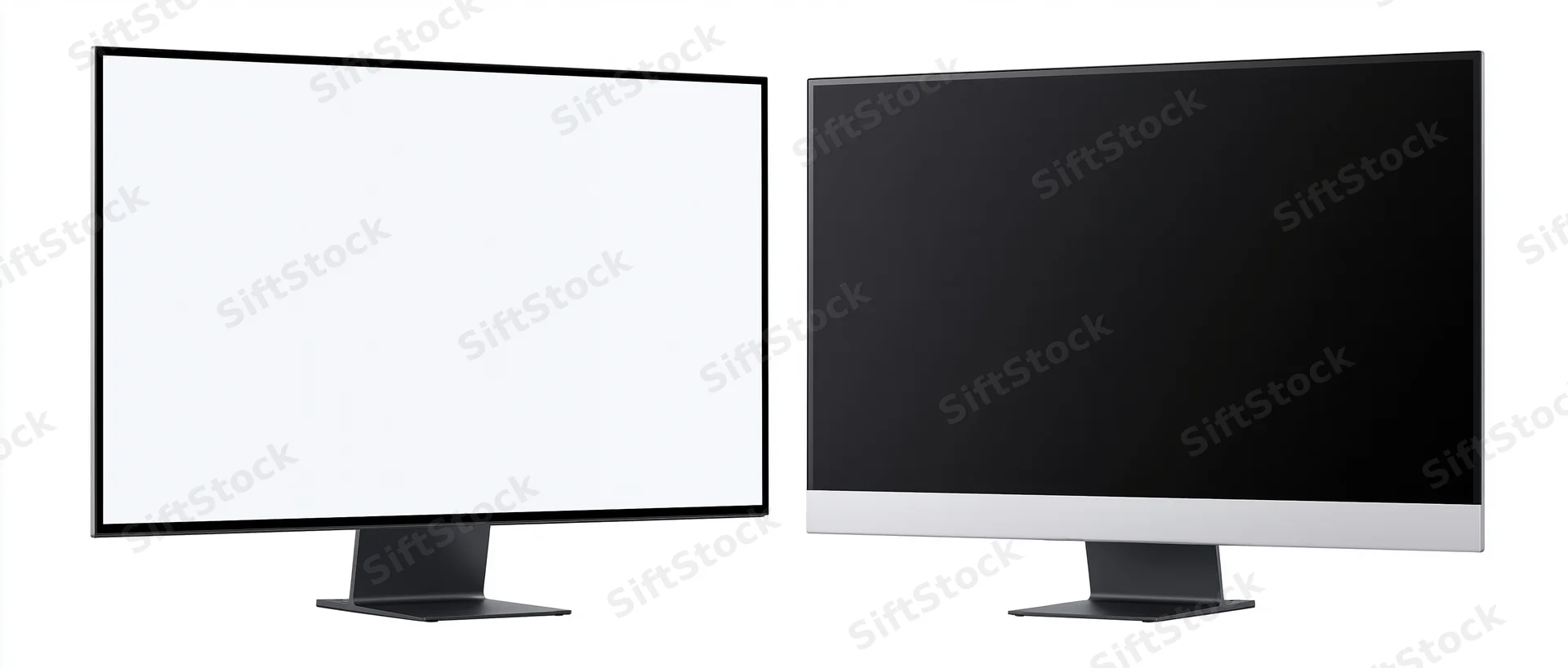 Two flat-screen monitors side by side one displaying white screen and the other black screen on white background