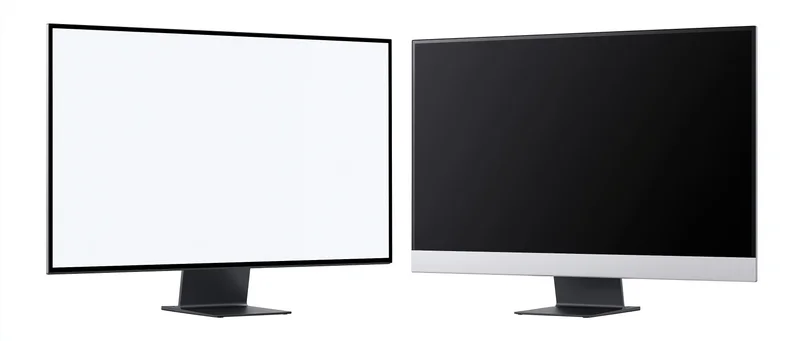 Two flat-screen monitors side by side one displaying white screen and the other black screen on white background