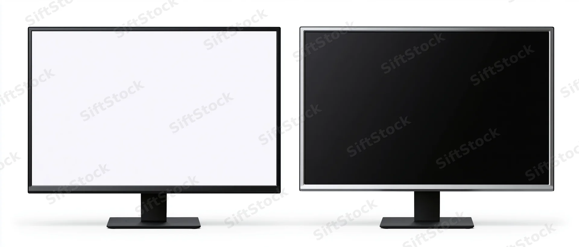 Two flat-screen monitors side by side one with white screen and one with black screen on white background