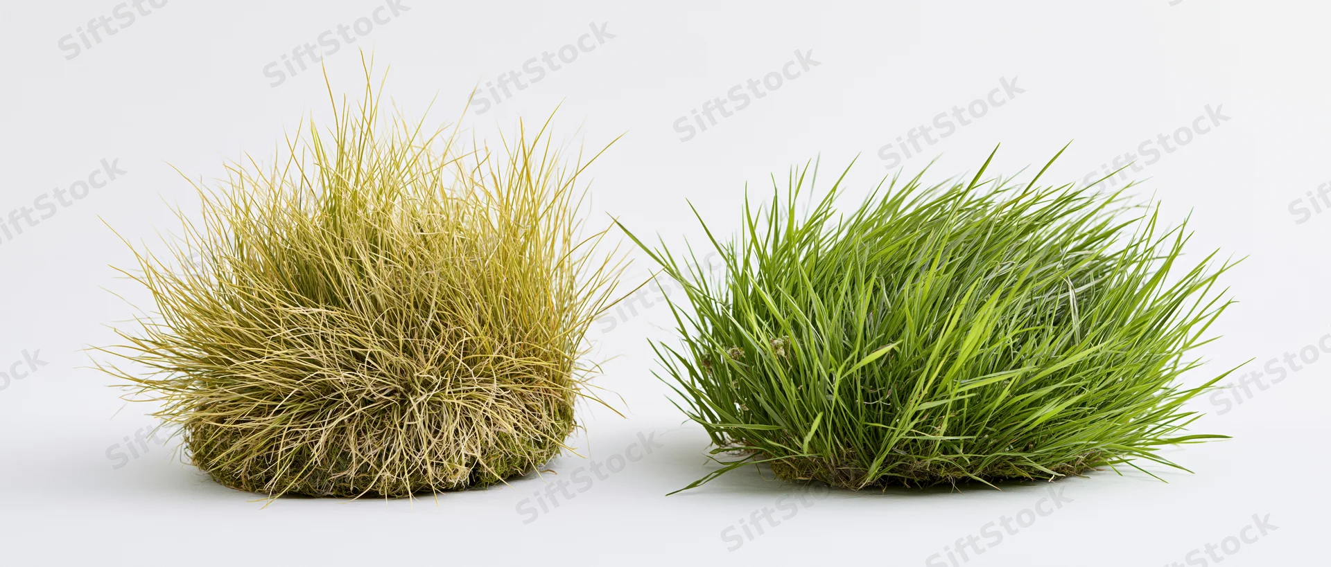 Two clumps of wild grass, one green and one dried, side by side on white background