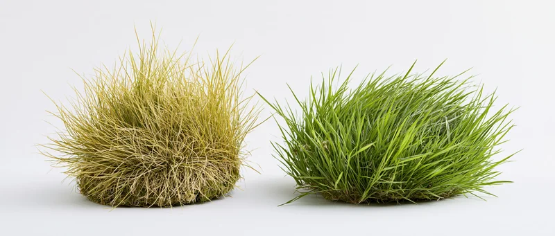 Two clumps of wild grass, one green and one dried, side by side on white background