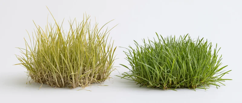 Two clumps of wild grass side by side on white background showing healthy green and dried yellow growth for comparison