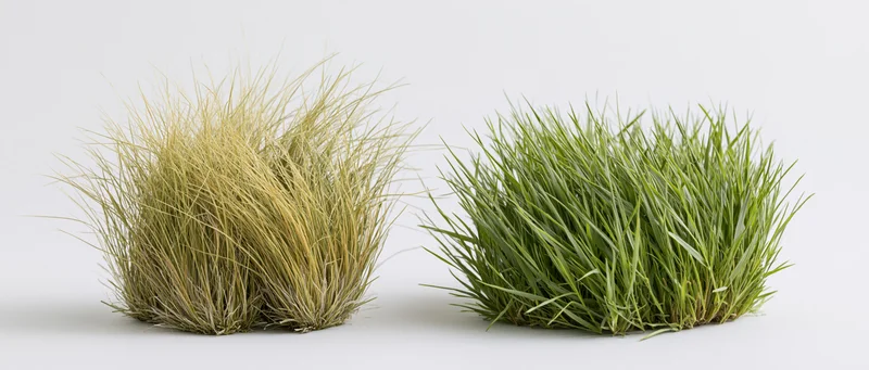 Two clumps of wild grass, one green and one dried, side by side on a white background