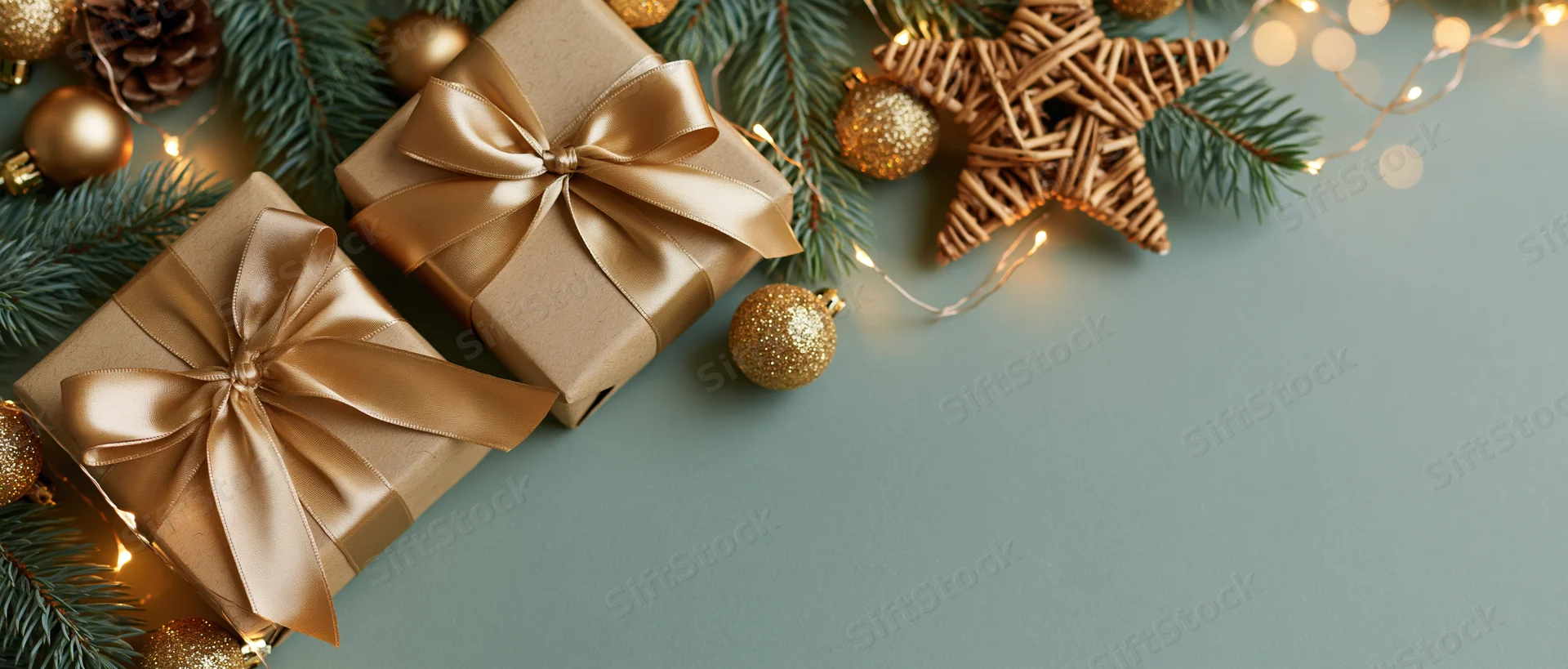 Two kraft paper gift boxes tied with satin champagne ribbons arranged with pine branches, golden ornaments, and fairy lights on a teal surface