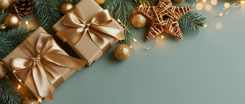 Two kraft paper gift boxes tied with satin champagne ribbons arranged with pine branches, golden ornaments, and fairy lights on a teal surface