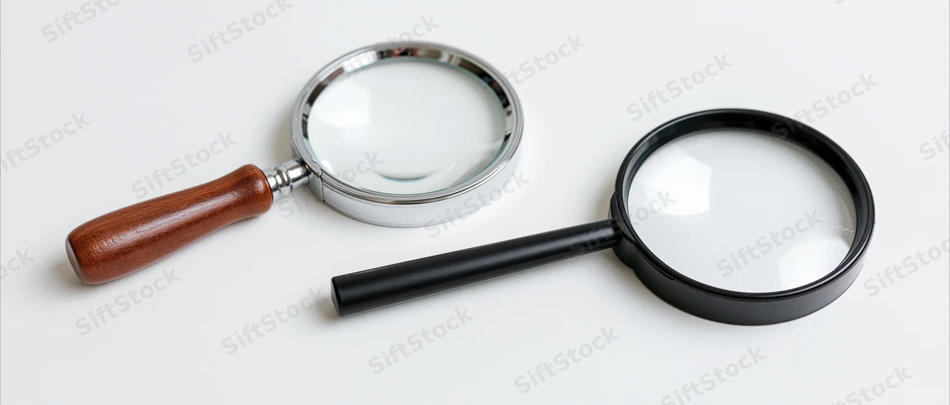 Two magnifying glasses with wooden and black handles lying flat on a white surface