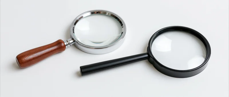 Two magnifying glasses with wooden and black handles lying flat on a white surface