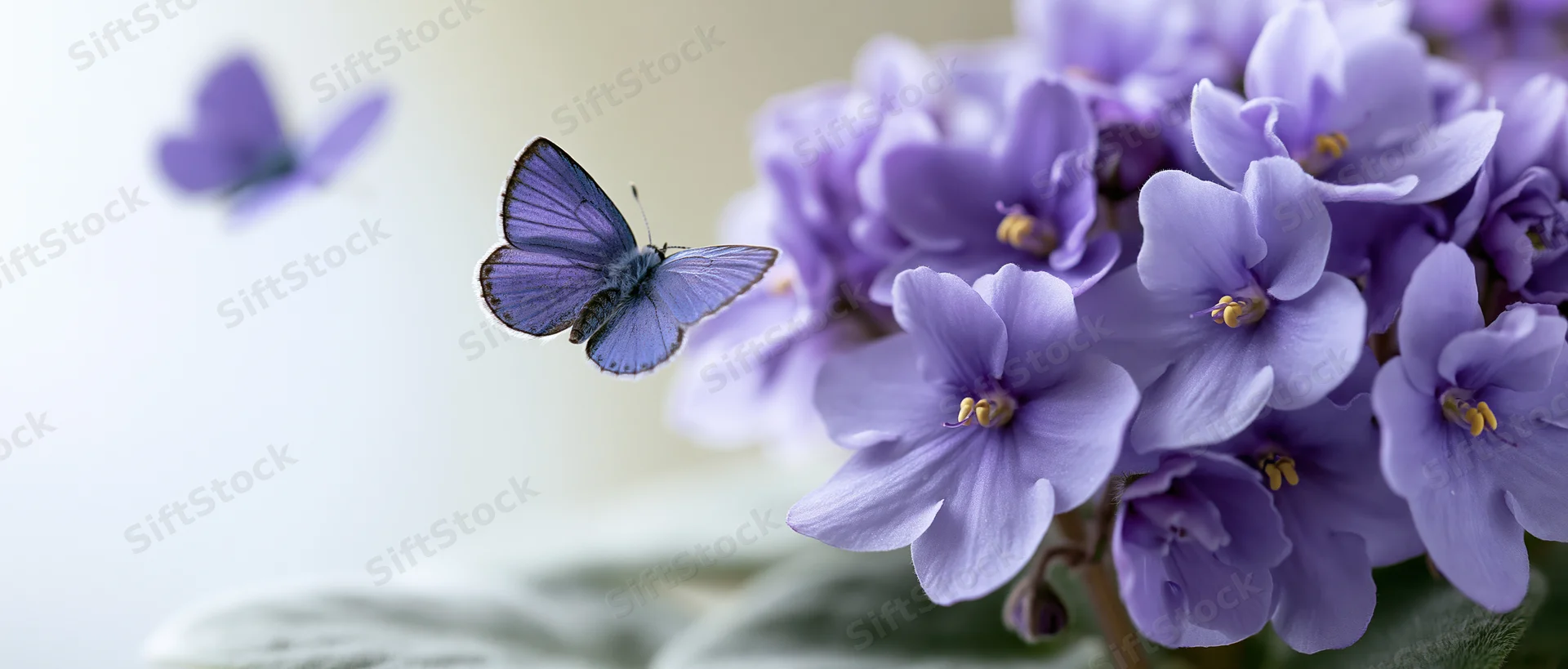 Blue butterfly hovering near a cluster of purple flowers in a garden setting