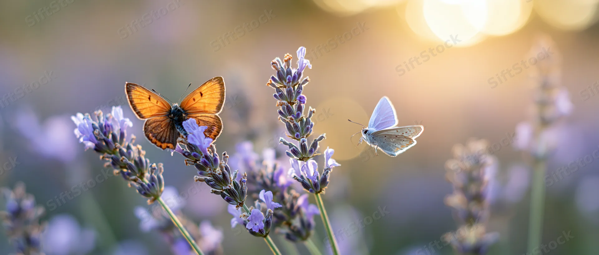 Two butterflies resting on lavender flowers in a sunlit garden
