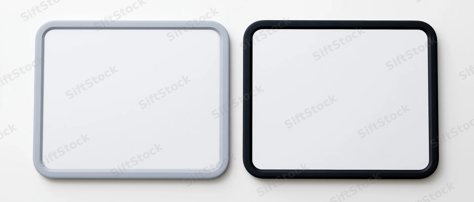 Two tablets with blank white screens side by side on white background
