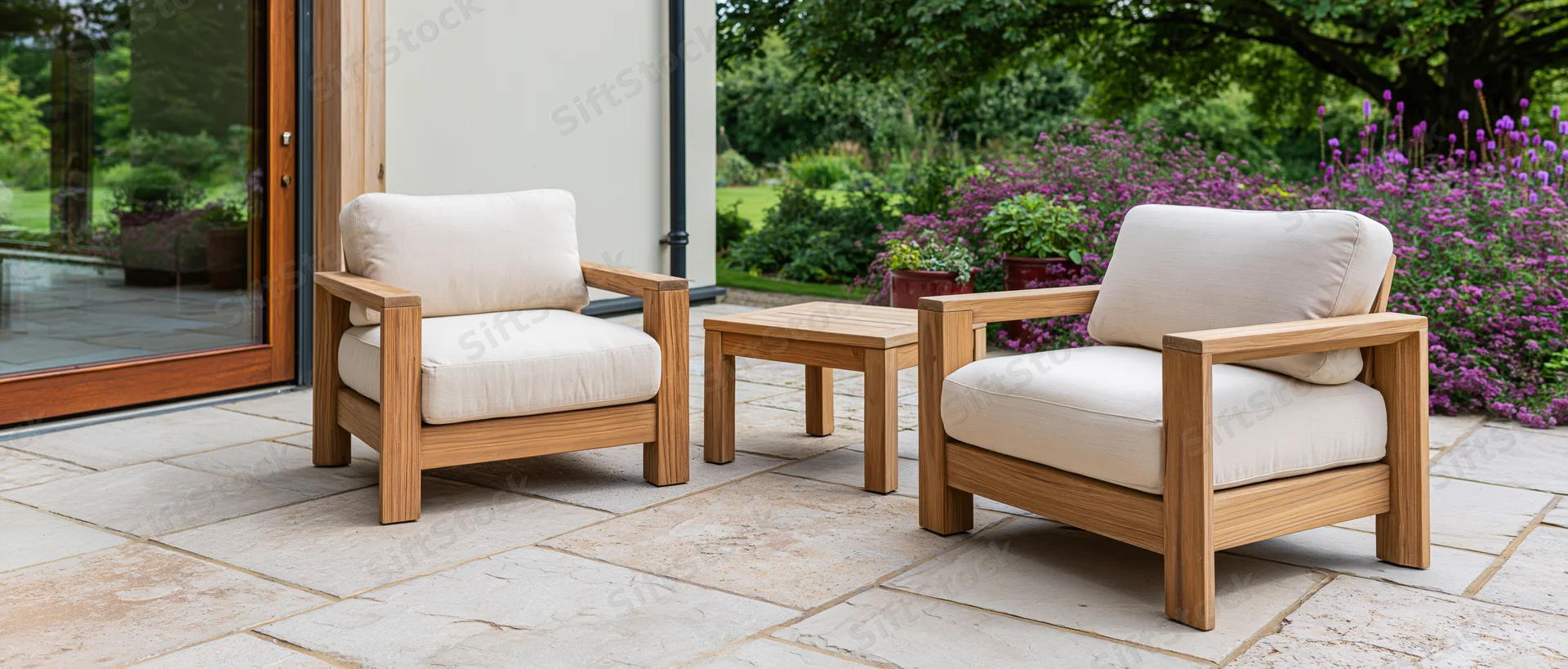 Two teak armchairs with cream linen cushions flanking a small wooden table on a stone patio surrounded by greenery and purple flowers
