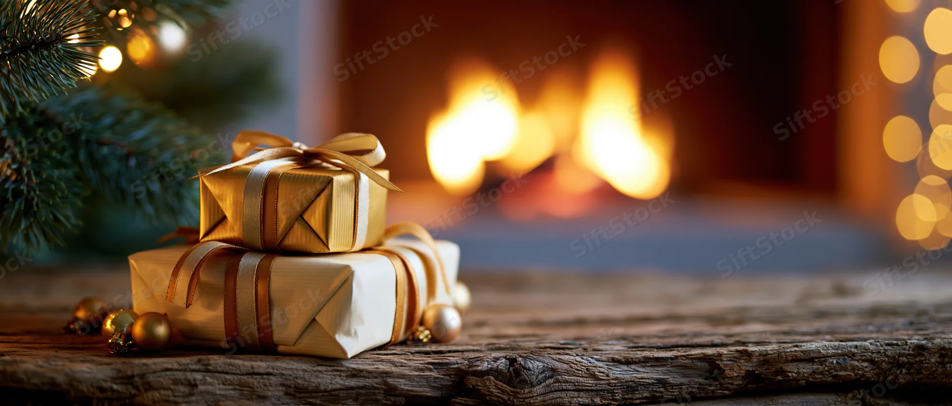 Two wrapped christmas gifts stacked on a wooden table near a fireplace with pine branches and lights in the background
