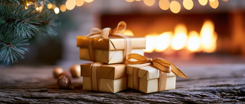 Wrapped christmas gifts in gold and cream paper on a wooden table near a fireplace with pine branch and lights in background