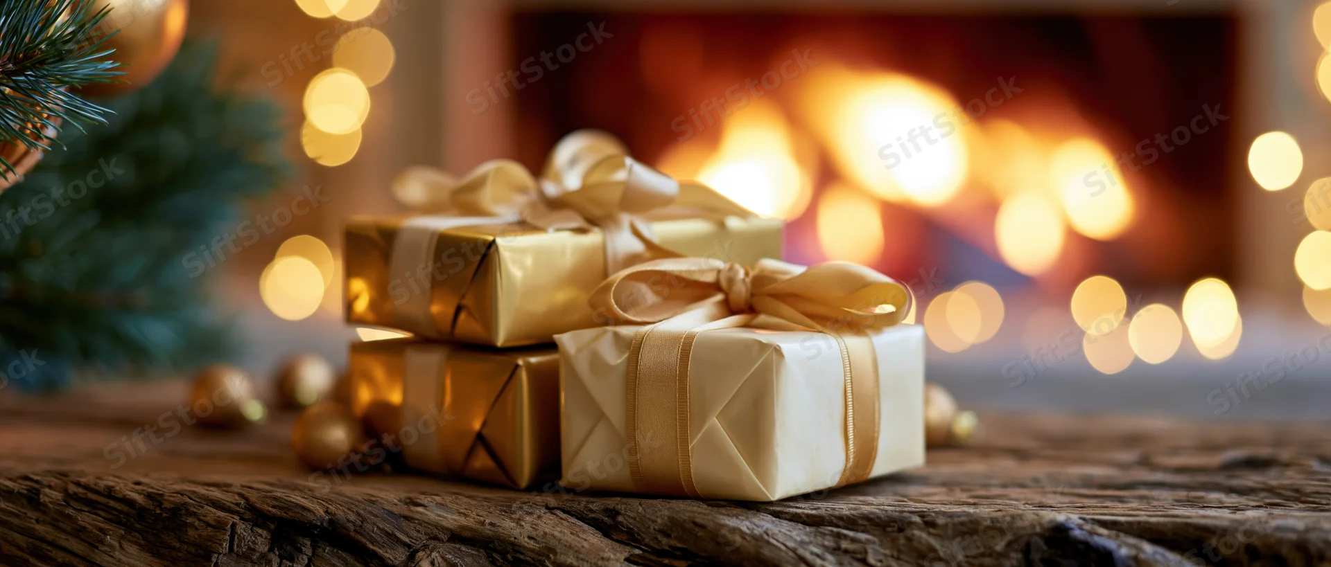 Wrapped christmas gifts in gold and cream paper with ribbons on a wooden table near a fireplace with glowing lights