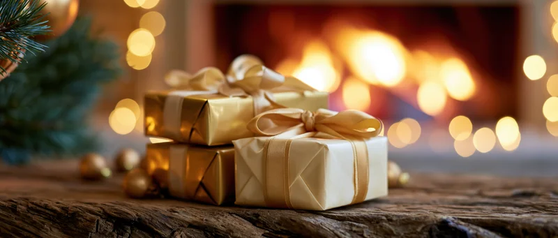 Wrapped christmas gifts in gold and cream paper with ribbons on a wooden table near a fireplace with glowing lights