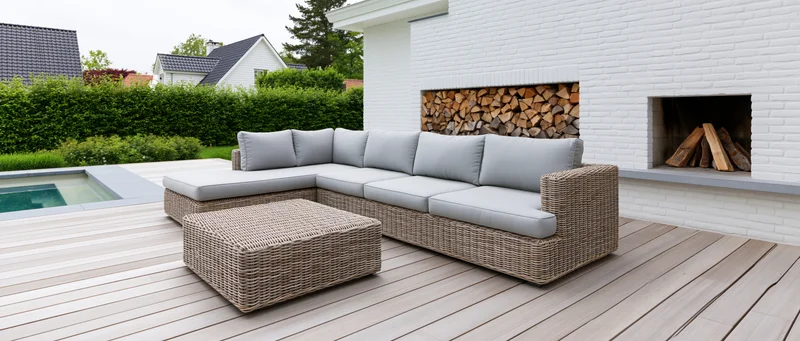 L-shaped wicker sectional sofa with grey cushions on a wooden deck beside a swimming pool and white brick fireplace in a suburban backyard