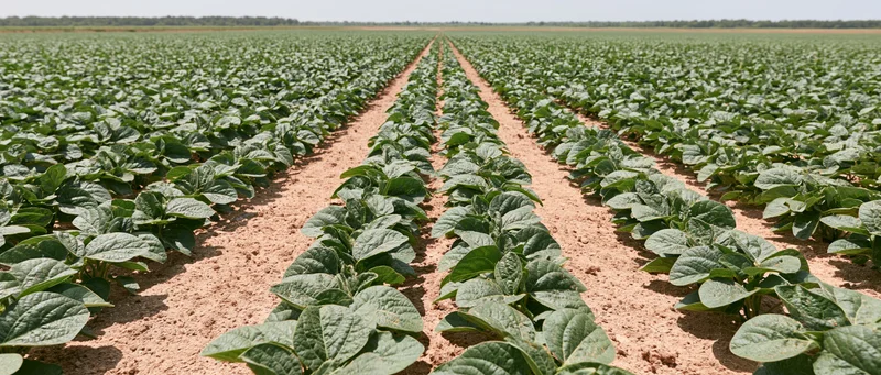 Rows of young soybean plants growing in a vast agricultural field