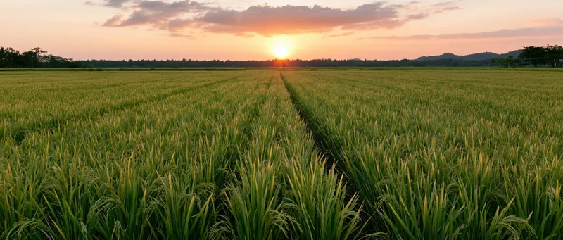 Rows of rice plants in a vast paddy field at sunset stretching to the horizon